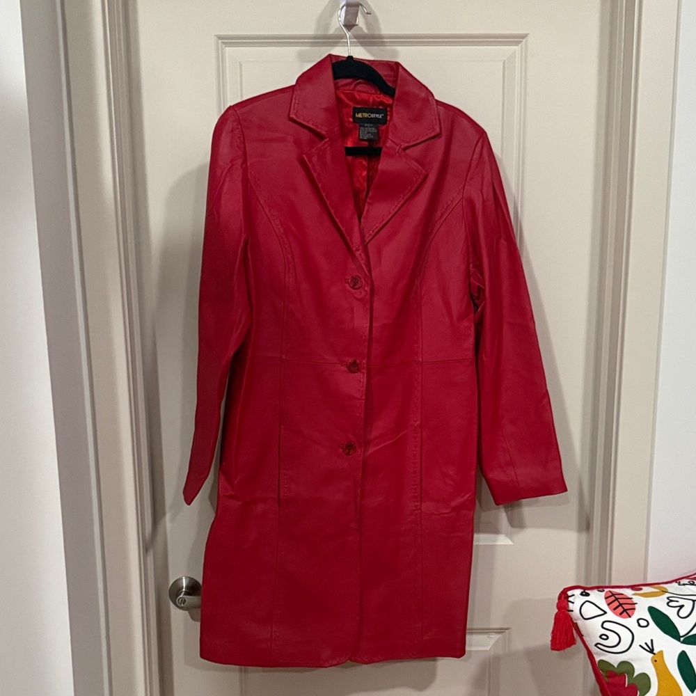 Vintage Red 100% Leather Coat Longline Size L NWOT